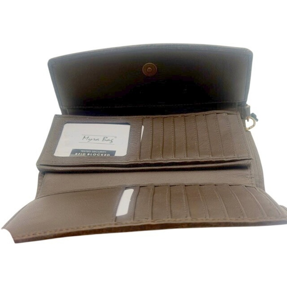 Myra Bag Brown Cape Buffalo Print Leather Tri Fold Wallet RFID Blocked NWT - Picture 2 of 11